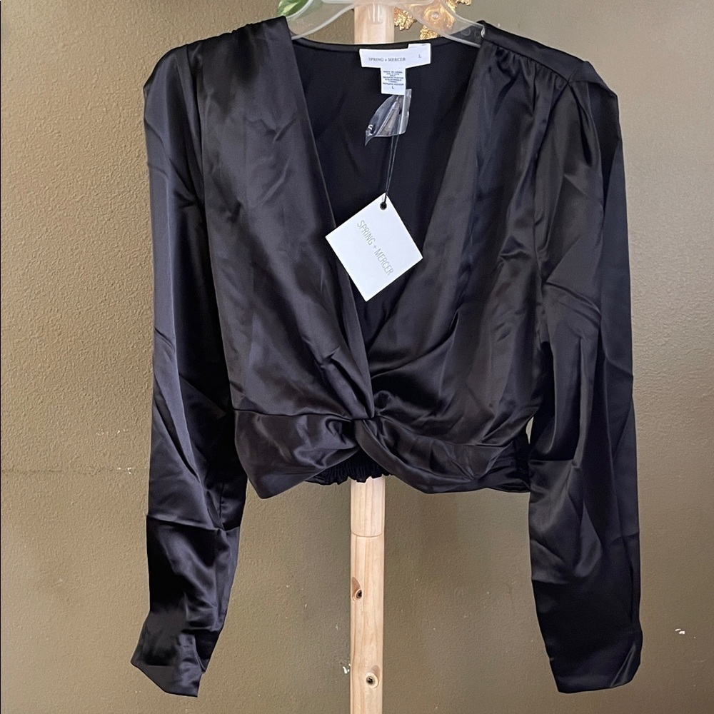 Sleek Black Satin long sleeve cropped Blouse